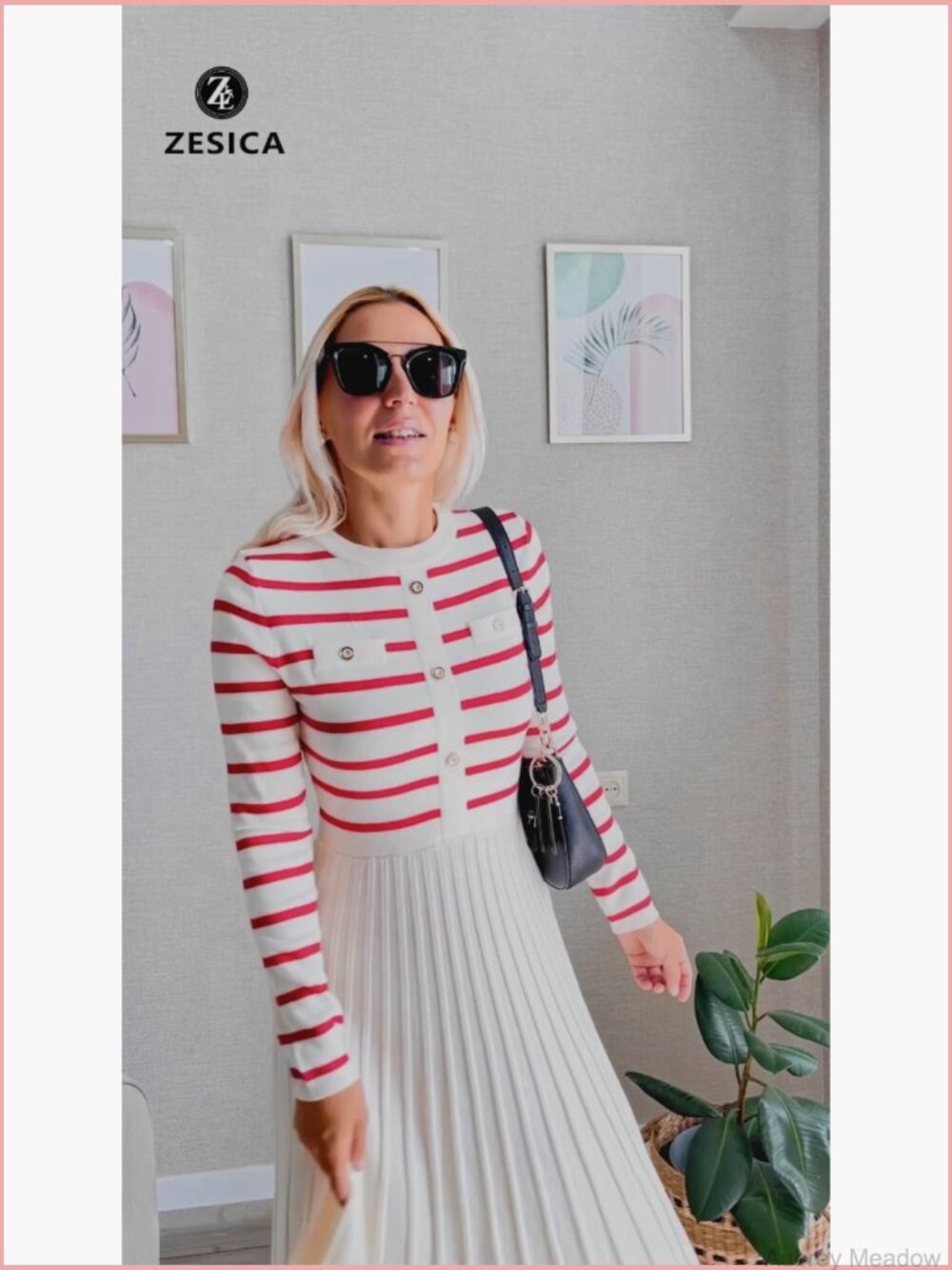 Long Sleeve Striped Knit Pleated A-Line Swing Midi Dress - Picture 7 of 7